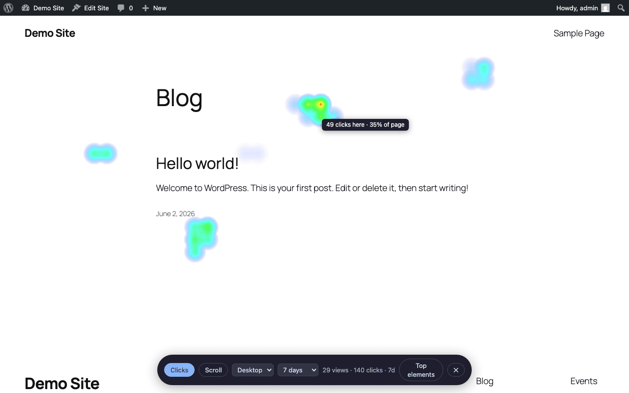 Click heatmap rendered as a live overlay on a real page, with the floating toolbar and a hover tooltip.