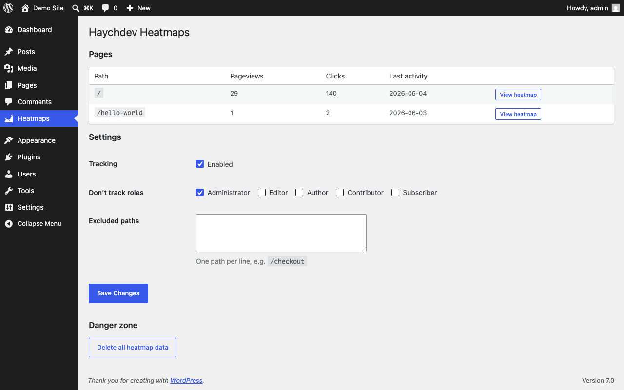 The admin screen — per-page traffic table, tracking settings, and one-click data reset.